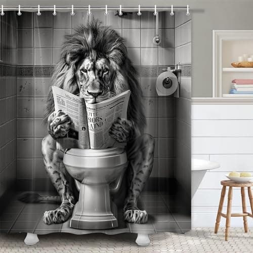 JAWO Funny Cool Lion Shower Curtain, Fun Leo Wild Masculine Animal Humor Leo Animal on Toilet Shower Curtains Set, African American Grey and White Mens Shower Curtains Bathroom with Hooks 72x72