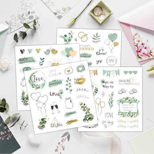 4Sheets Green Wedding Celebration Stickers for Bridal Scrapbooking Pastel Watercolor SelfAdhesive Waterproof Wedding Stickers for LettersEnvelopesBridal ShowerAnniversary InvitationsGuestbook