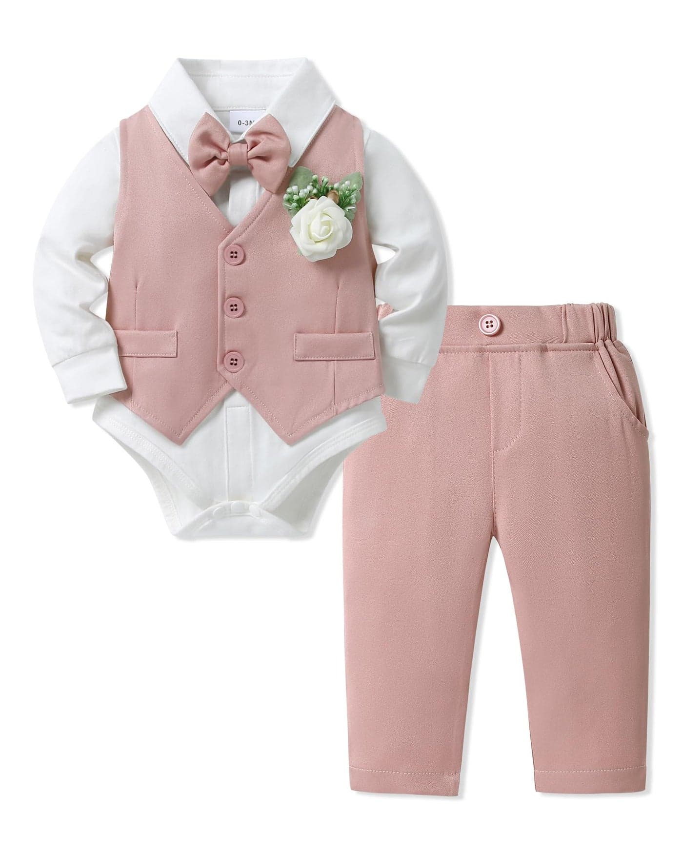 SANMIO Baby Boy Clothes Suits Baby Easter Outfit Boy Collared Dress Shirt+Vest+Tie+Corsage+Pants 5Pcs Infant Gentleman Baby Suit Sets Pink