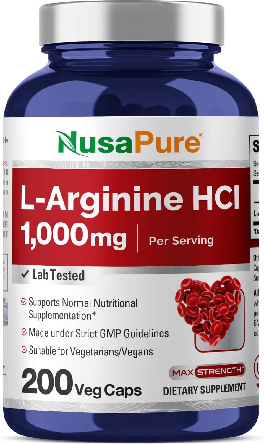 NusaPure LArginine 1000 mg 200 Veggie Capsules NonGMO Vegetarian Vegan