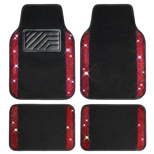 CAR PASS Bling Diamond Car Floor Mats, Shining Rhinestone Carpet Sparkly Glitter Crystal with Anti-Slip PVC Heel Pad Waterproof Universal Fit Automotive SUV,Sedan,Van,Cute Girl Women,4pcs Black Red