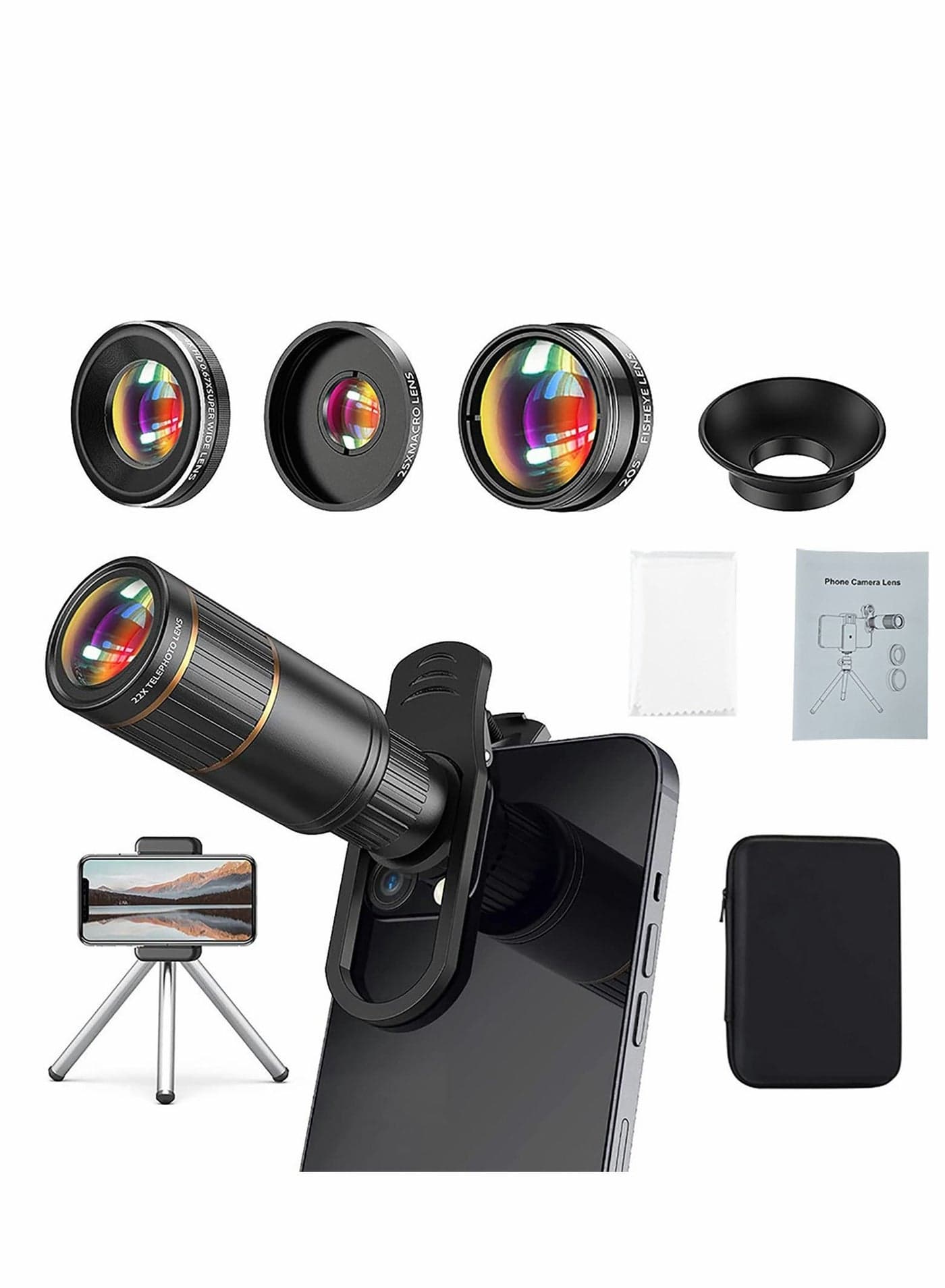 Phone Camera Lens Kit 4 in 1, Attachment for SmartPhone, 22X Telephoto Lens, 205° Fisheye 4K HD 0.67X Wide Angle 25X Macro Compatible with all Phones