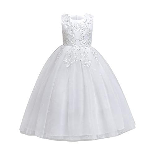 Flower Girls Vintage Embroidery Sequin Lace Wedding Dress Kids Bridesmaid Pageant Birthday Party Princess Long Formal Prom Ball Gown First Communion Christmas Tutu Dance Tulle Maxi Dress White 9-10