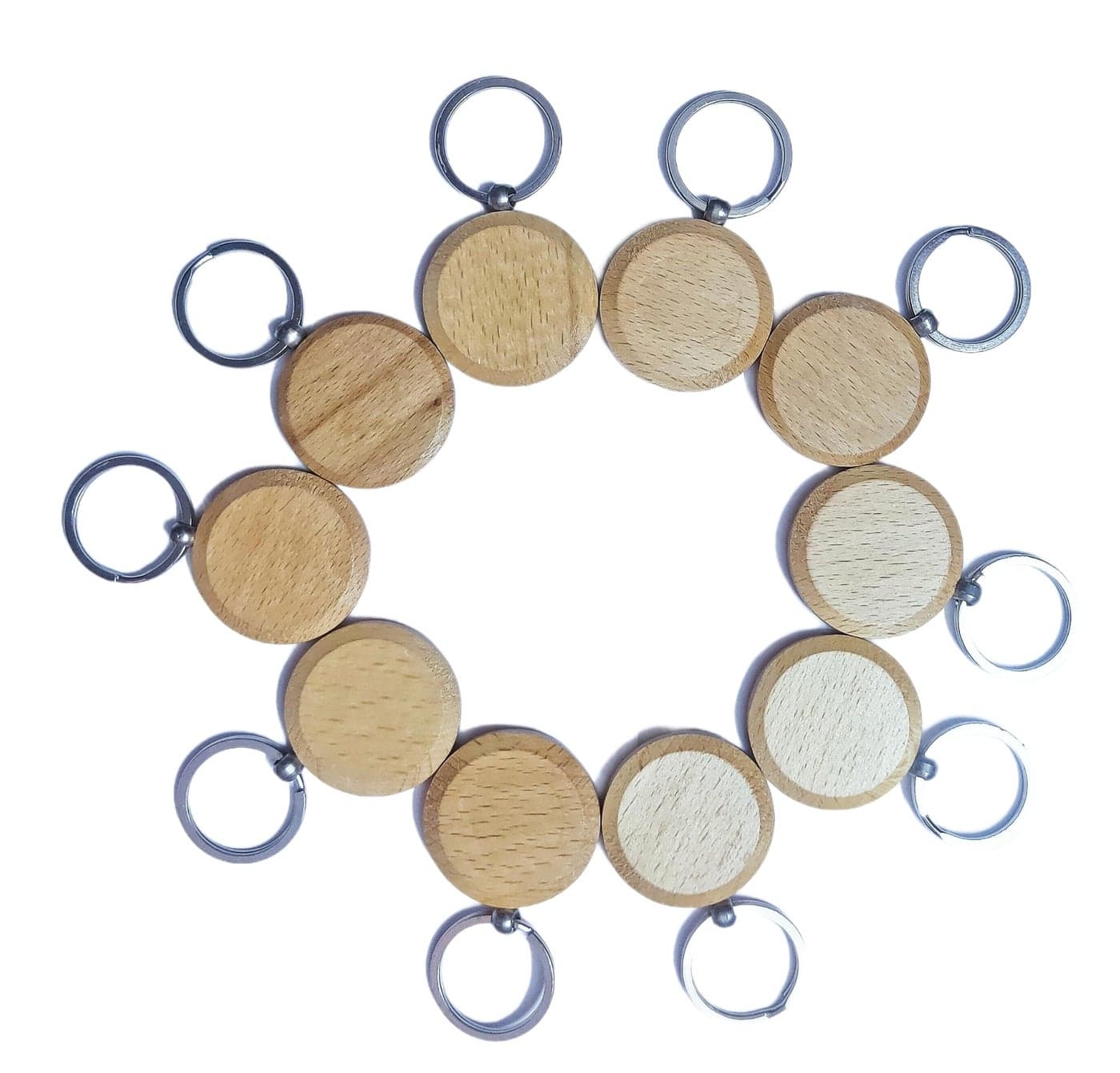 Kidultz Empty Wooden Keychain For DIY Projects - Laser Engravable, Printable & Writable - Pack Of 10 - Different Shapes (Round Shape),Multicolor
