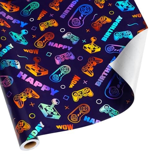 BIOBROWN Gaming Wrapping Paper for Boys Girls 17 Inch X 33 Ft Laser Video Game Design Gift Wrap Paper for Kids Birthday Game Party Favor Game Lover Holiday