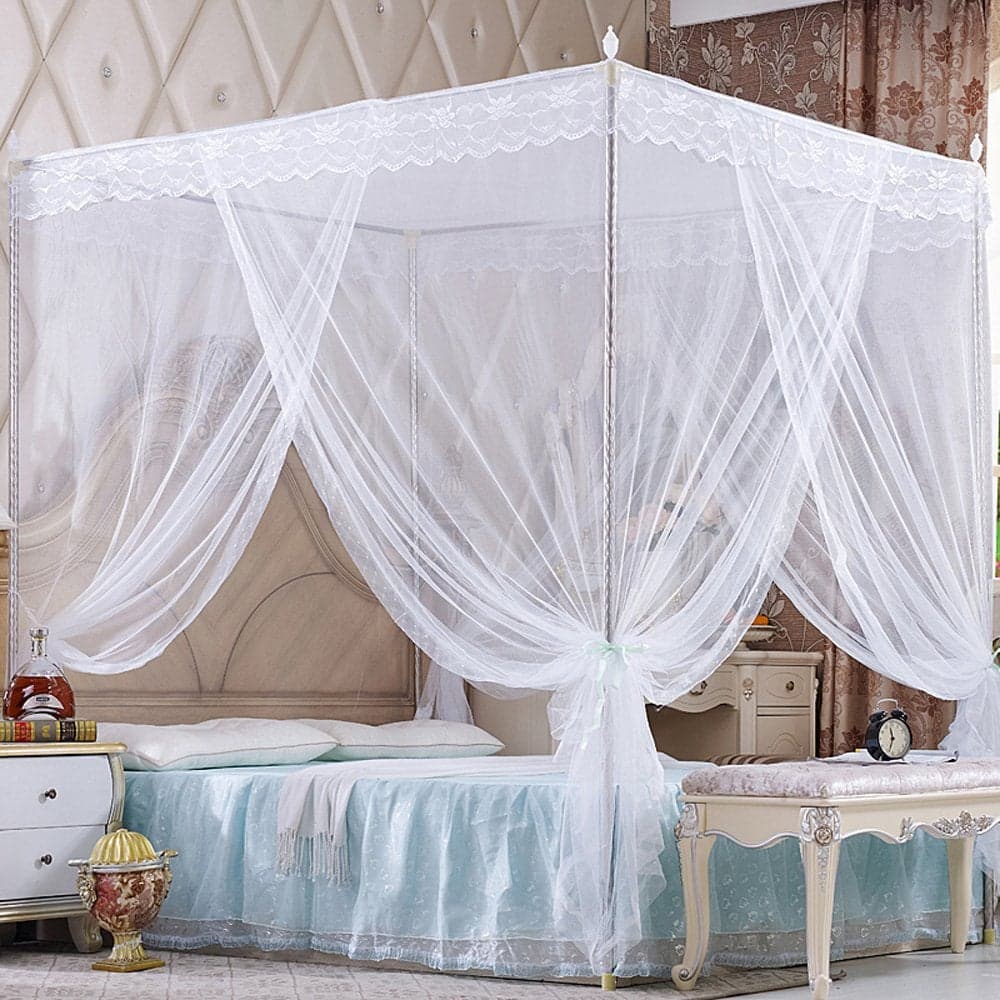 Nattey 4 Corners Princess Bed Curtain Canopy Canopies for Girls Boys Adults Bed Gift Queen White