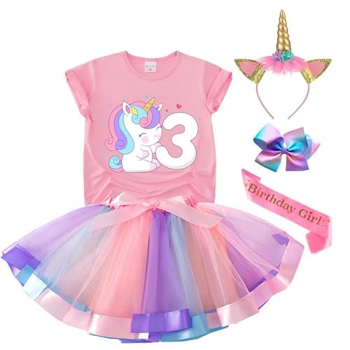 Tutu and Sian Unicorn Birthday Outfit for Girls Shirt Tutu Skirt Dress Birthday Girl Crown Hair Bow Satin Sash Unicorn 3Y 3 Years