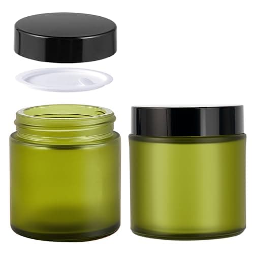 4 oz Glass Jars with Lids Hoa Kinh 2 Pack Frosted Green Small Glass Jars with Black Lids Empty Cosmetic Containers Airtight Round Glass Jar for Lotions Powders and Ointments
