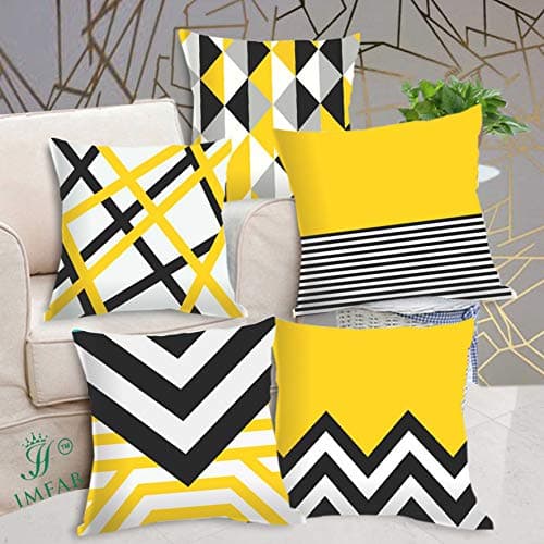 IM FAB Digital Printed Decorative Canvas Cotton Cushion Covers, Yellow and Black, Set of 5 pcs (16X16 inches or 40X40 cms)