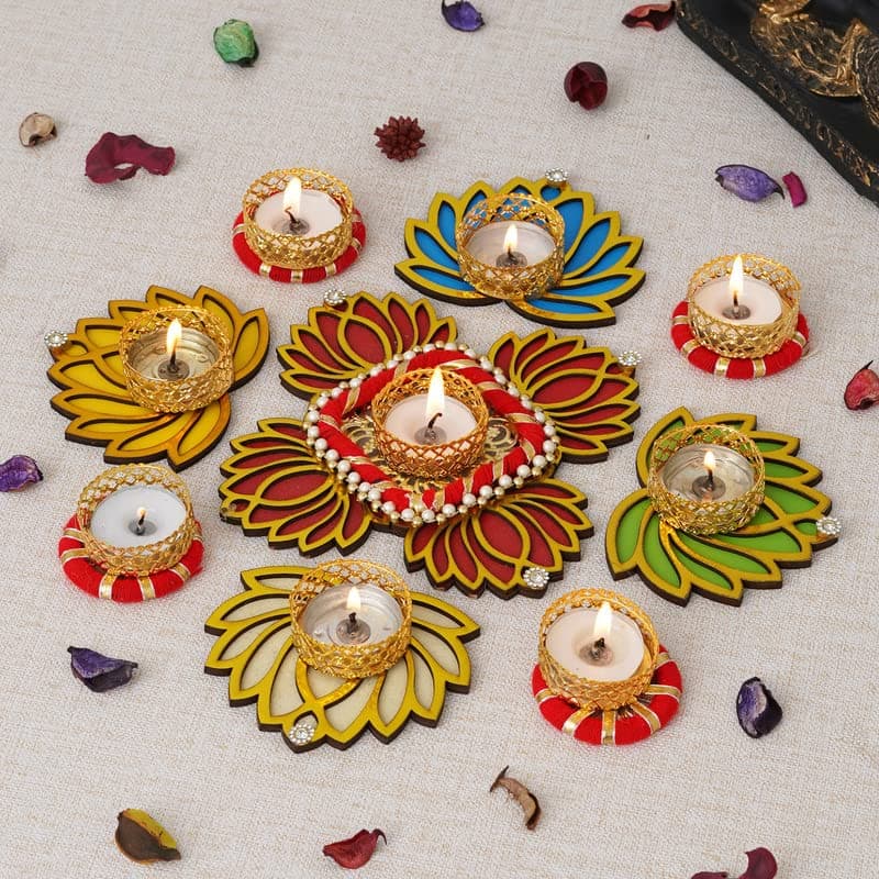 Sanvatsar Home Decorative Lotus Rangoli Lotus Diya Set Corporate Gift Diwali Gift Diya for puja Home Decoration Light Diya Christmas Candle Lighting New Year Candle Set of 9Red