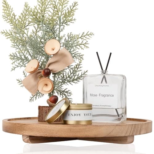 Round Decorative Tray Wood Bathroom Counter Organizer Farmhouse Kitchen Decor Wooden Riser for Soap Dish, Perfume, Candle, Sponge, 12" - Brown