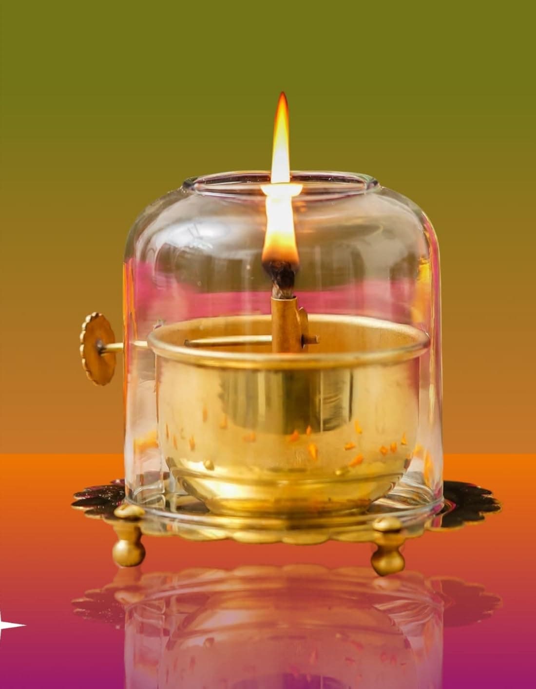 Stotram Brass Akhand Joyti DiyaAdjustable Bati Lifting Screw Wick Holder and Gorilla Borosilicate Glass CoverLid for Jyoti Lightingfor Navratri Celebrations Size 35 X 33Small