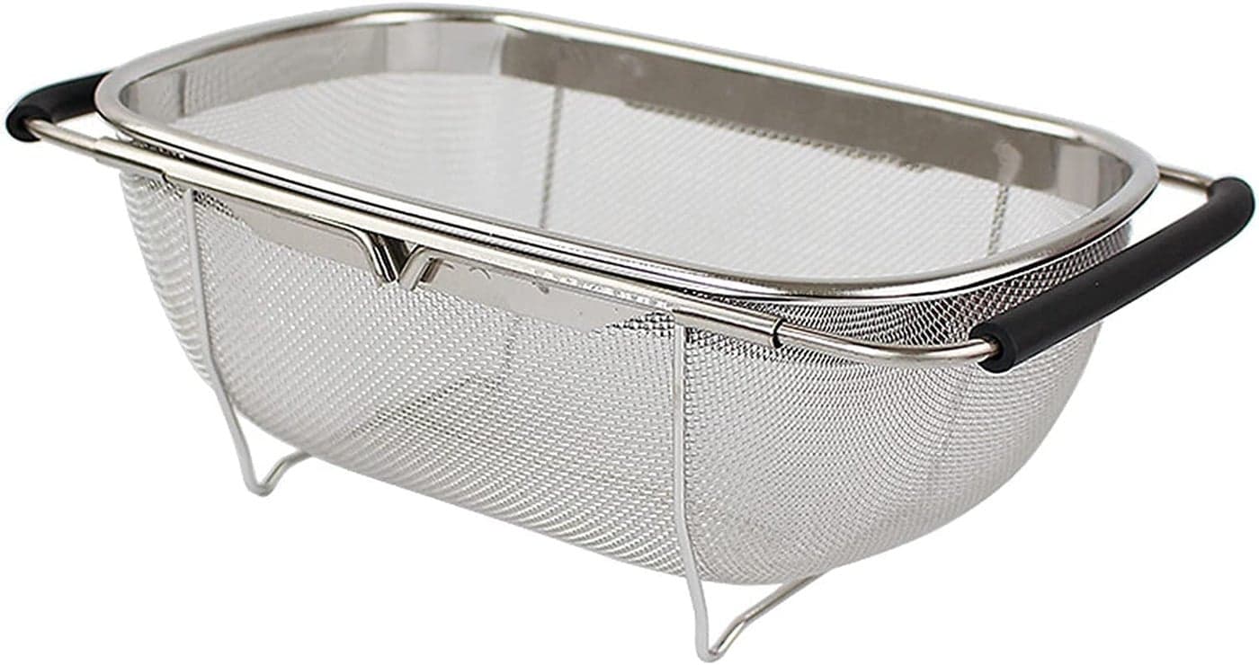 Orrda Over Sink Strainer Stainless Steel Kitchen Colander with Extendable Handle for Vegetable Fruits and Pasta Kitchen Sink Accessories Silver