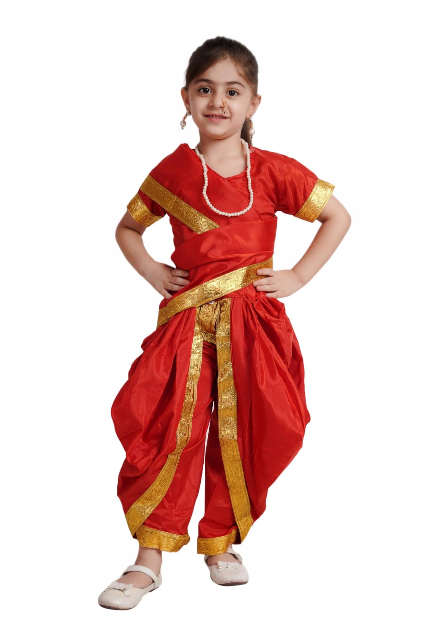 Kaku Fancy Dresses Silk,Polyester Marathi Girl Lavni Folk Dance Costume With Jewellery For Kids - Red, 3-4 Years