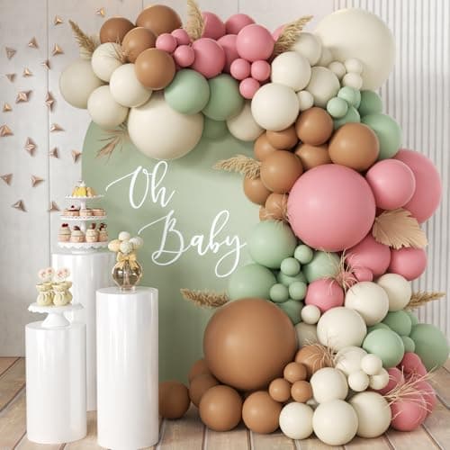 MEBAY Pink Green Brown White Balloon Garland Arch Kit 166Pcs Blush Pink Pastel Green White Sand Tan Brown Boho Balloons for Baby Shower Birthday Wedding Safari Jungle Woodland Party Decorations