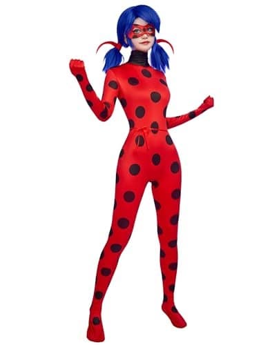 Micotaku Women Miraculous Ladybug Official Licensed Cosplay Set Screen Printing Jumpsuit with Eye Mask Yoyo Bag