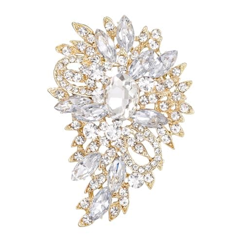 EVER FAITH Women's Bridal Corsage Rhinestone Crystal Wedding Flower Leaf Bouquet Brooch Clear Gold-Plated-Base