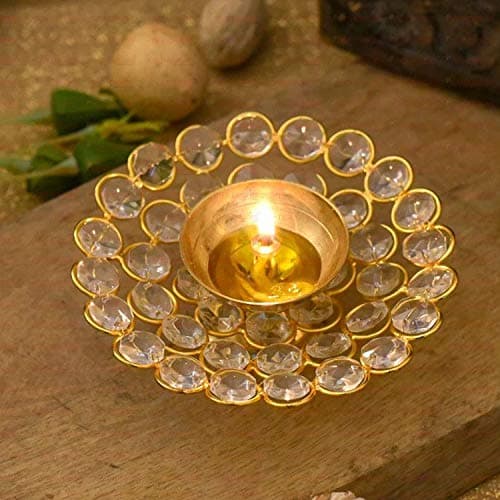 TIED RIBBONS Crystal Akhand Diya for Decorations - Brass Diya for Puja Oil Puja Lamp - Decorations Items for Home Decor and Gifts (Golden, 12 X 4 cm) - Decor - Gifts