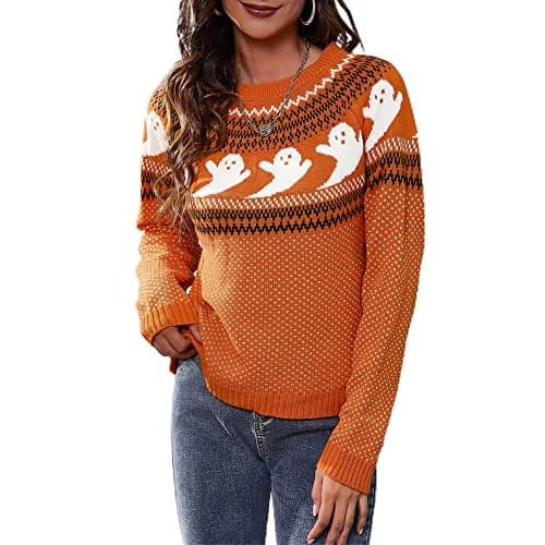 JUNBOON Women Vintage Polka Dot Halloween Knitted Sweater Long Sleeve Crewneck Cute Ghost Pattern Streetwear Jumper