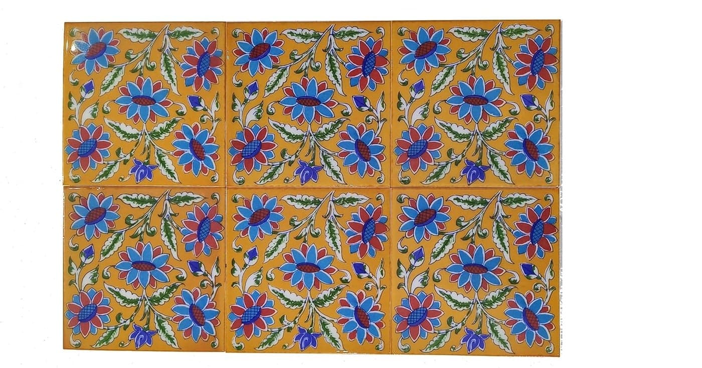 Shiv Kripa Blue Art Pottery Interior Decorative Floral Tiles 6 X 6 INCHPack of 6 Tiles