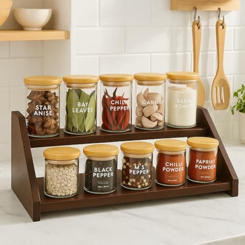 Craft Mshopr Kitchen Spice Rack Organizer – 2-Step Wooden Spice Shelf for Countertop, Space-Saving Rustic Brown Spice Storage Rack, Standing Spice Holder for Kitchen, 15" L x 6.5" W x 5.5" H