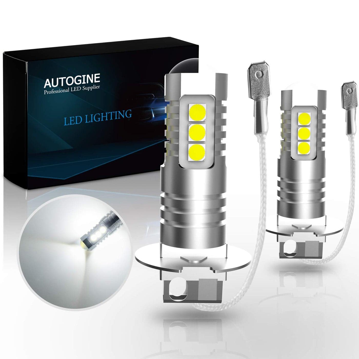 AUTOGINE H3 LED Fog Light Bulbs 2000 Lumens Extremely Bright 3030SMD H3 LED Bulbs with Projector for Auto Motorcycle Cars Trucks SUV Fog DRL Lights6000K Xenon White