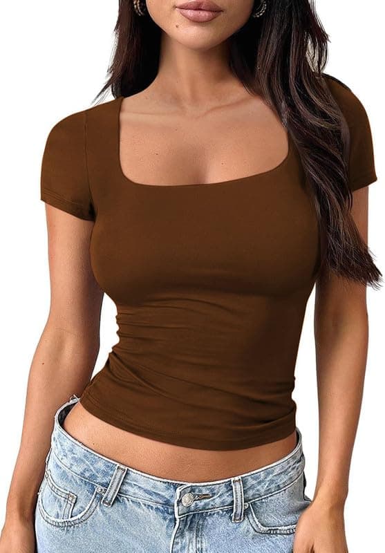 XOLANI Womens Cotton Square Neck Short Sleeve Crop Top Double Lined Slim Fitted Basic Tee Going Out Cute Summer T Shirt Trendy L2662 VK1051 (M, BRN), Brown