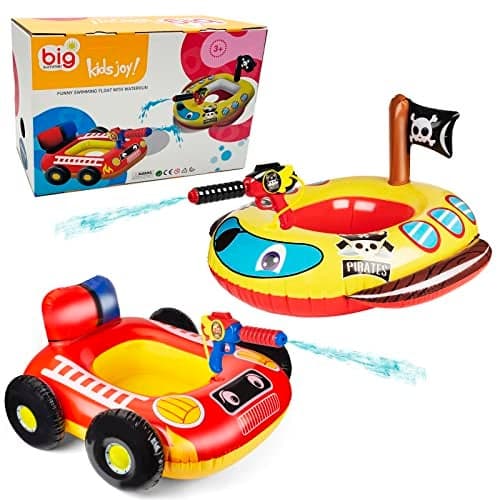 2 Pack Inflatable Kids Pool Floats with Water Gun, Pool Toys for Kids Ages 4-8, Blow Up Toddler Pool Floats, Swimming Pool Game Toys, Fire Truck and Pirate Ship Floaties for Boys Girls and Child