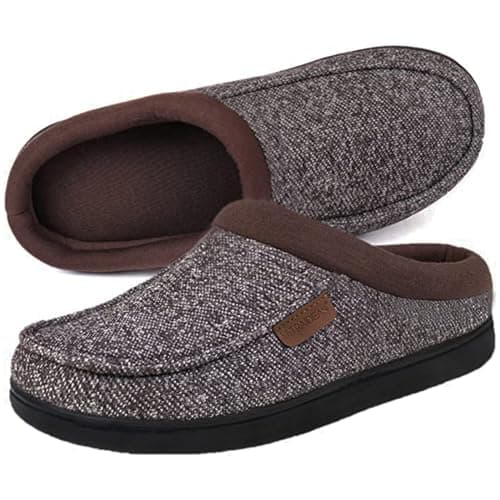 ULTRAIDEAS Men's House Slippers, Indoor Outdoor House Shoes with Non-slip Rubber Sole, Summer Breathable Cotton Blend & Winter Warm Fuzzy Moccasin Slippers, Machine Washable Memory Foam, Gift for Father(Coffee/Gray, 13-14)