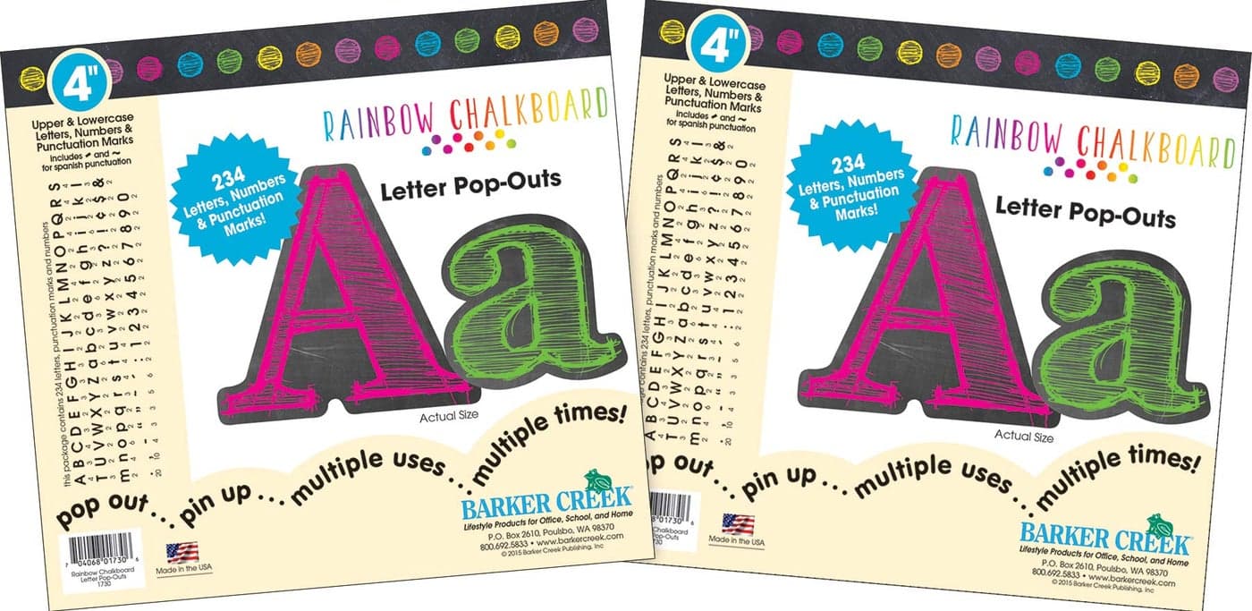 Barker Creek 468Piece Rainbow Chalk Letter PopOuts Includes Two Packages of 234piece Rainbow Chalk Letters Numbers Punctuation Classrooms Offices Presentations Pack of 2 3648
