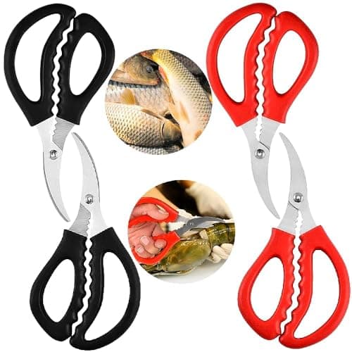 4 Pcs Seafood Scissors for Kitchen Multifunctional Seafood Fish Crab Shrimp Lobster Scissors Stainless Steel Shears,Red and black