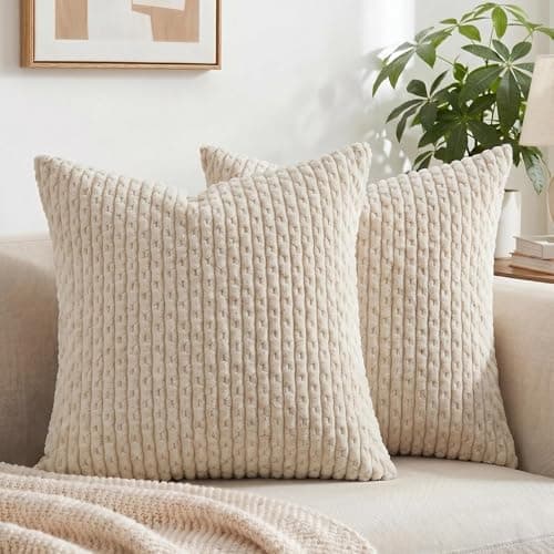 Fancy Homi 2 Packs Tan Decorative Throw Pillow Covers 18x18 Inch for Couch Bed Sofa, Modern Farmhouse Boho Home Decor, Soft Cute Plush Corduroy Beige Cushion Case 45x45 CM