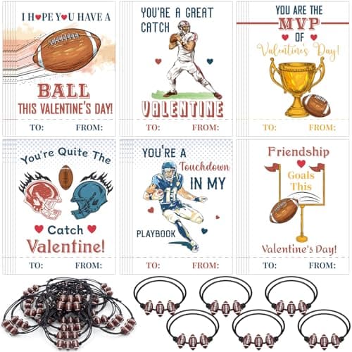 Equsion 36 Set Football Valentines Gift Cards and Bracelet for Kids Classroom Valentines Day Exchange Gift Adjustable Sports Bracelet for Boys Girls Party Favor Prizes Supplies