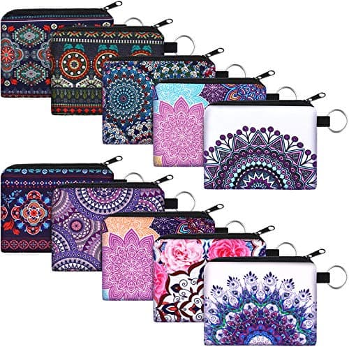 Boao 10 Pieces Small Coin Purse for Women Bulk Boho Change Purse Mini Pouches Wallet Coin Bag with Zipper for Women Girls (Chic Flower Print, 4.52 x 3.74 Inch)