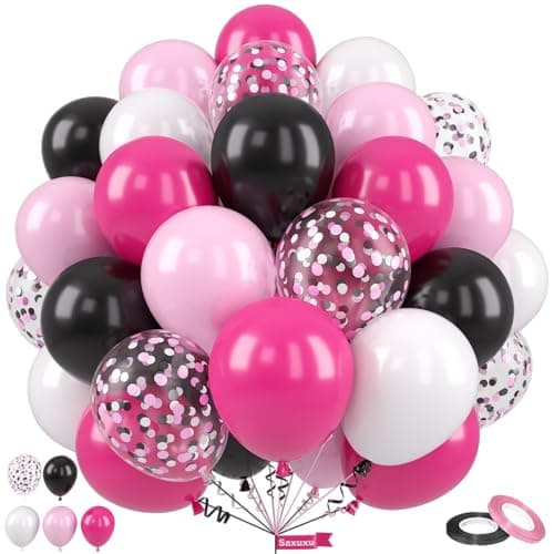 Saxuxu Pink and Black Balloons 12 Inch Pink Black Balloons Hot Pink White Pastel Confetti Latex Balloon for Girls Birthday Baby Shower Wedding Bridal Shower Party Decorations