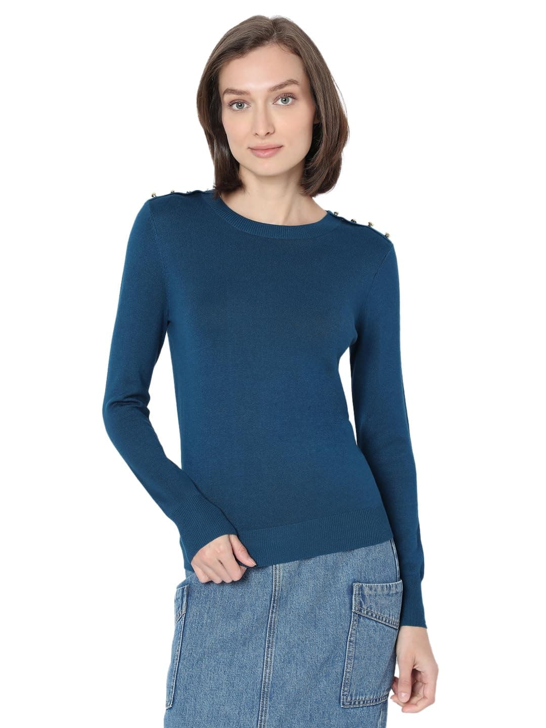 VERO MODA Women's Regular Fit Blue Sweater
