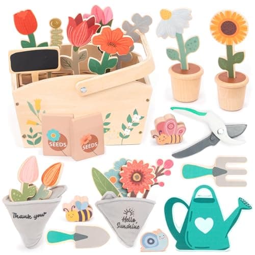 umu Wooden Garden Play Set 30 Pcs Kids Gardening Toy with Watering Can Shovel Rake Basket Accessories Outdoor Pretend Play Tool Set for Boys Girls Ages 3 4 5 6