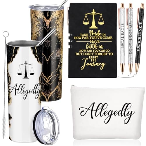 Domensi 6 Pcs Funny Allegedly Lawyer Gifts Judge Gift Inspirational Gift for Law Student 20 oz Marble Sign Tumbler Makeup Bag Notepad Ballpoints for Law Paralegal School College Teacher(Black)