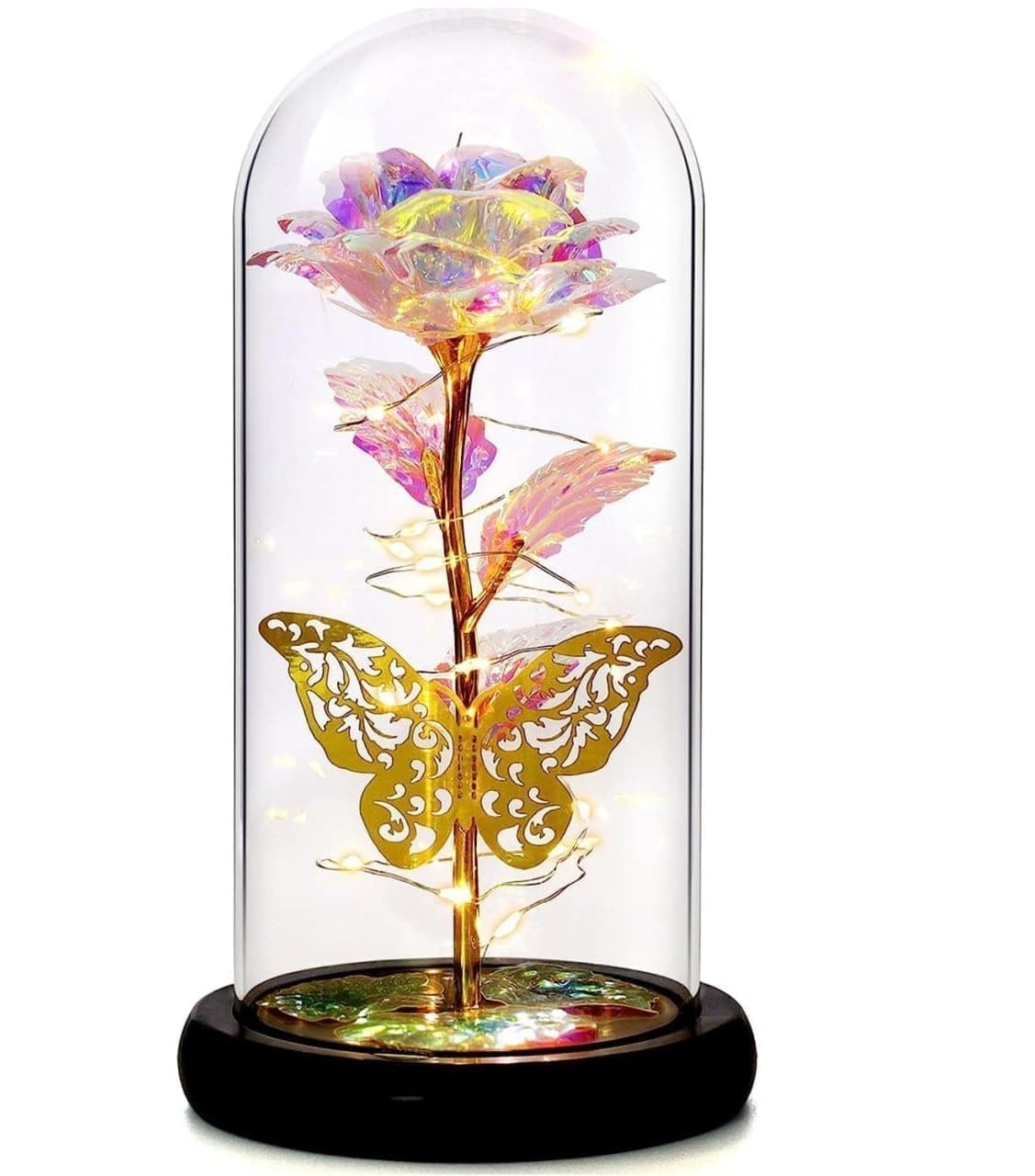 JRS TRADERS Gifts for Women Galaxy Glass Rose Flowers Birthday Gifts Forever Eternal Crystal Light Up Rose in Glass Dome with Butterfly Presents for Her Mom Sister Wife Girlfriend Purple