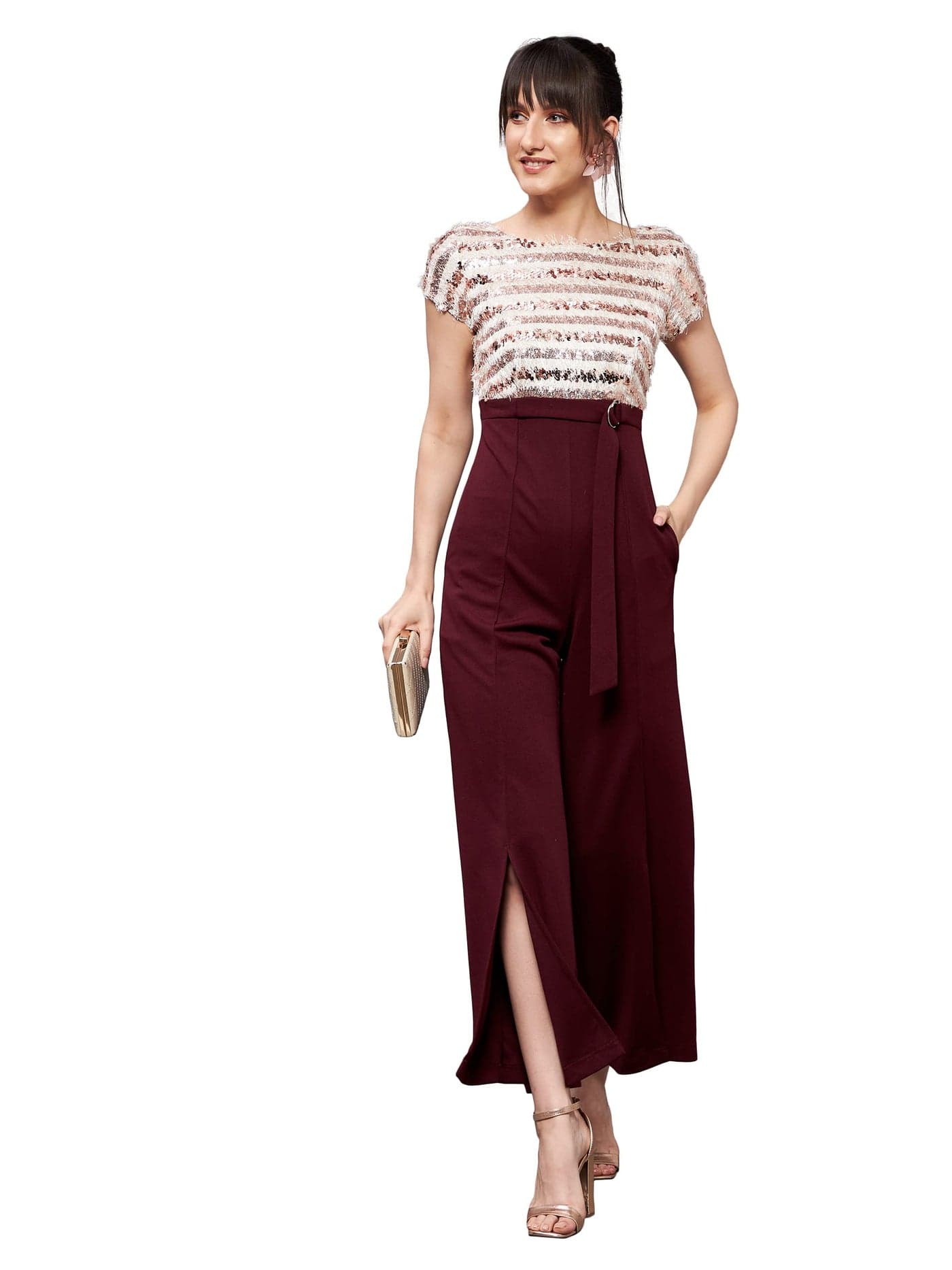 Miss Chase Women's Wine & Beige Round Neck Short Sleeve Embellished Front Slit Fringed Regular Jumpsuit (MCAW21D04-97-603-06, Wine & Beige, XL)