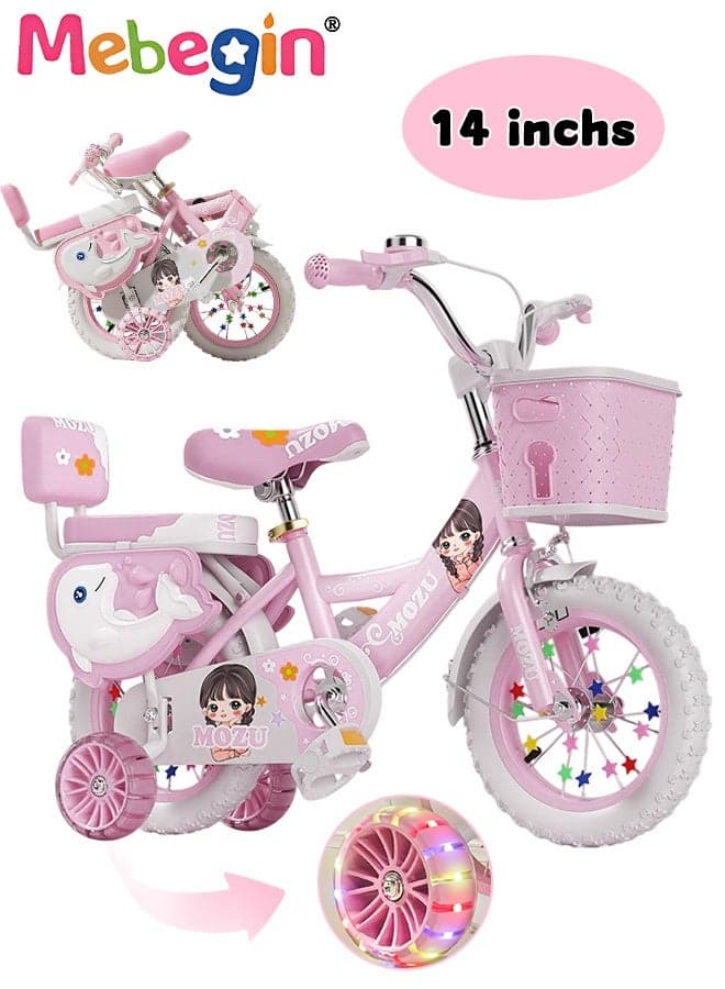 14 Inches Foldable Bike with Soft Seat, Children Bicycle with Adjustable Saddle and Foldable Body, Adorable Bike with Luminous Training Wheels, Handbrake and Basket, Princess Style Bicycle, Ideal Gift for Girls and Beginners