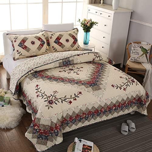 Jameswish Beige Floral Embroidered Quilt Set King Size 100 Cotton Ethnic Patchwork Bedspread Coverlet Country Rustic Embroidery Reversible Geometric Bedding Cover Set Soft Cotton Comforter Cover3pcs