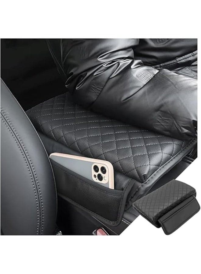 Car Armrest Pad, Carbon Fiber Leather Car Center Console Pad, Protective Pad, Armrest Box With Storage Bag, Suitable For Tesla, Black