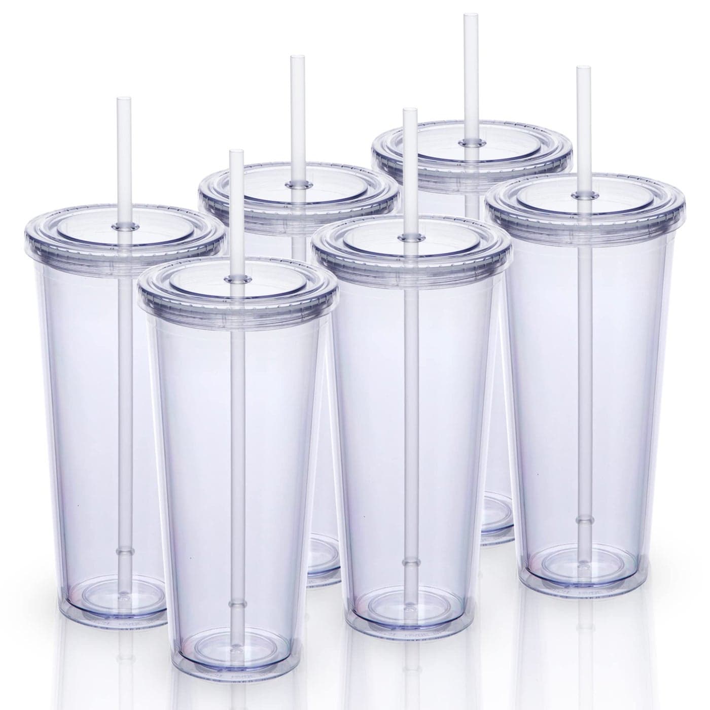 Zephyr Canyon 24oz Double Wall Plastic Tumblers with Lids and Straws Large Classic Travel Tumbler 6 Pack Set of 6 Clear Reusable Cups with Straws BPA Free