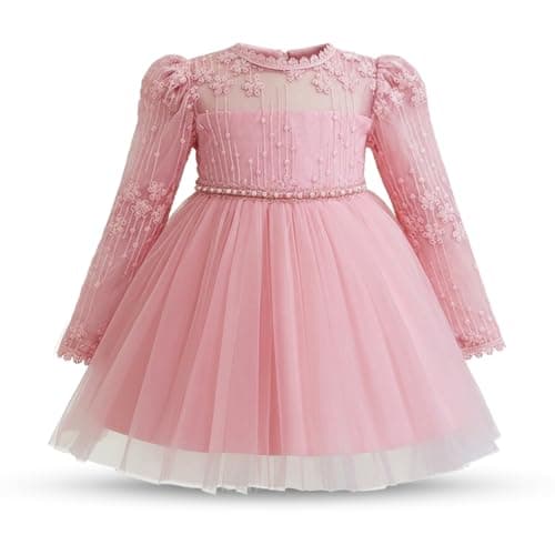 NNJXD Baby Girl Flower Embroidery Fall Long Sleeve Dress Toddler Birthday Party Princess Tulle Dresses 2194 Pink 12-18 Months
