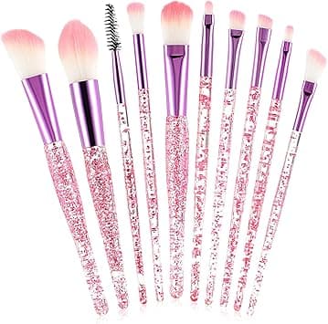 Gjinxi 10pcs Makeup Brush Set Glitter Crystal Handle Makeup Brushes Stylish Cosmetics Brushes Kit Professional Blending Brush Eyeshadow Eyebrow and Foundation Brushes