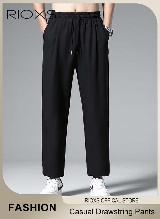 Men's Ice Silk Sweatpants, Breathable Skin-friendly Quick Dry Running Pants with 2 Pockets, Lightweight Stright Leg Stretch Trousers, Summer Casual Elastic Waist Drawstring Pants, Comfortable for Daily Wear, Casual, Travel, Workout, Hiking and More, Black