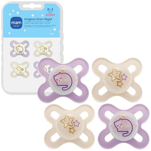 MAM Original Start Baby Pacifiers 0-3 Months, BPA-Free Skin Soft Silicone Nipple, Glow in The Dark, Developed with Medical Experts Specially for Smaller Newborn Mouths, 4 Pk, Made in Europe