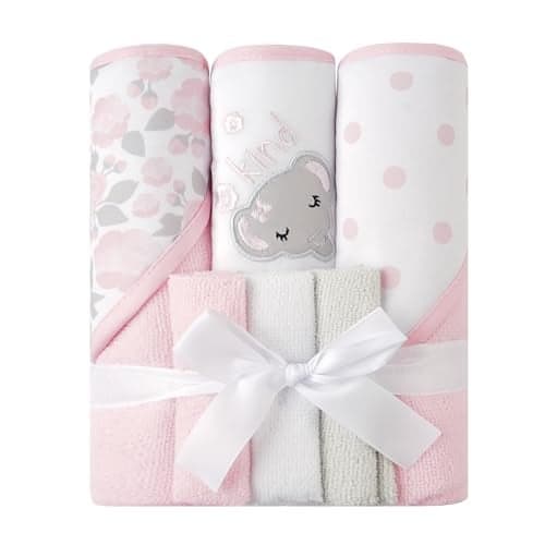 Viviland Baby Towels and Baby Wash Cloths Set Hooded Baby Towels Baby Wipes Absorbent Bath Face Towels Burp Cloths or Face Towels for Girl Boy 6Pack Size 28 x 28 InchElephant Flower