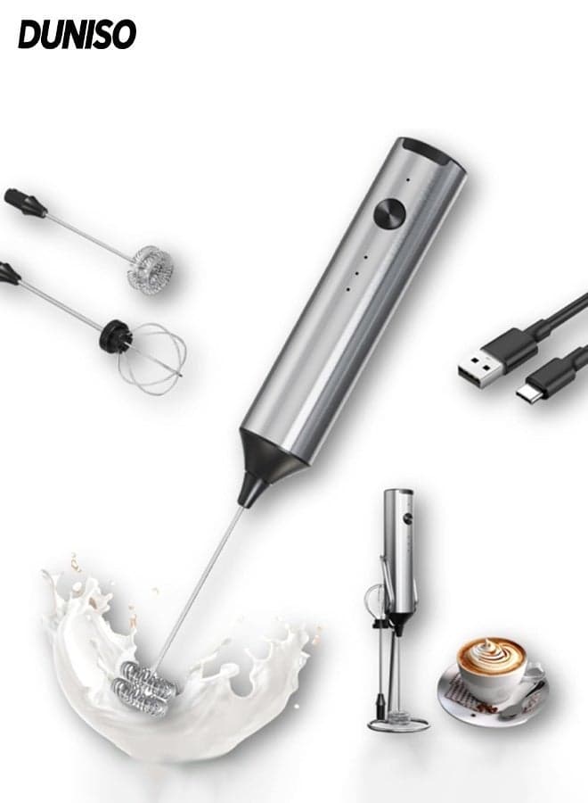 Milk Frother Handheld with Stainless Steel Stand,Electric Coffee Frother Foam Maker with Stand and Type C Cable,Suitable for Latte, Cappuccino, Hot Chocolate, Matcha